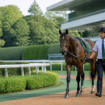パドックを落ち着いて周回する競走馬と担当者