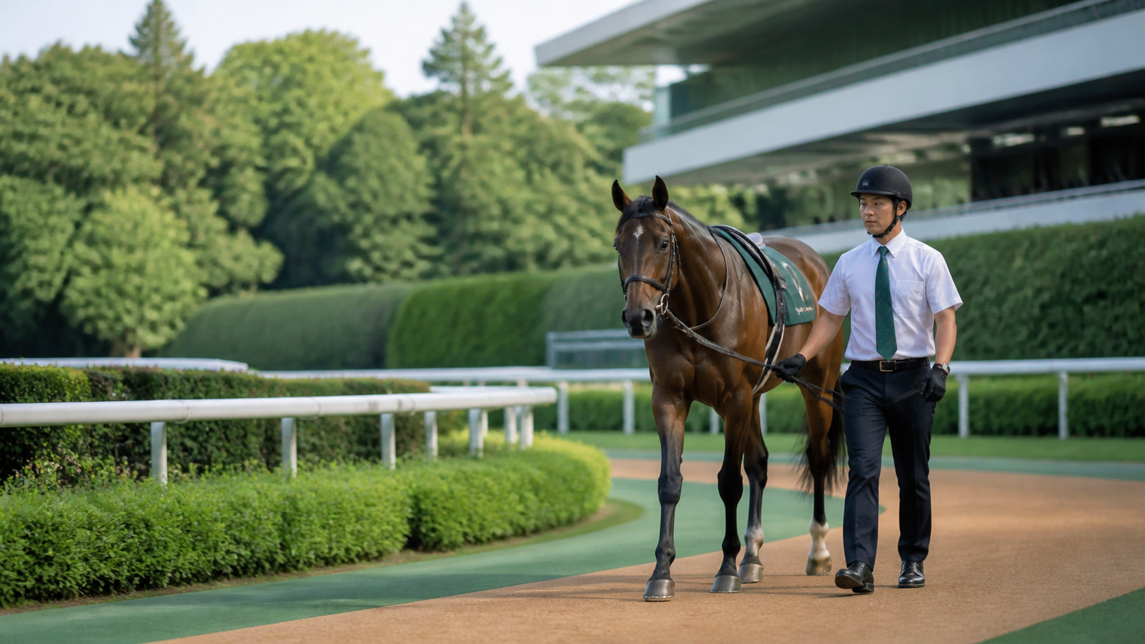 パドックを落ち着いて周回する競走馬と担当者