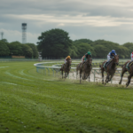 雨上がりの芝コースを走る競走馬
