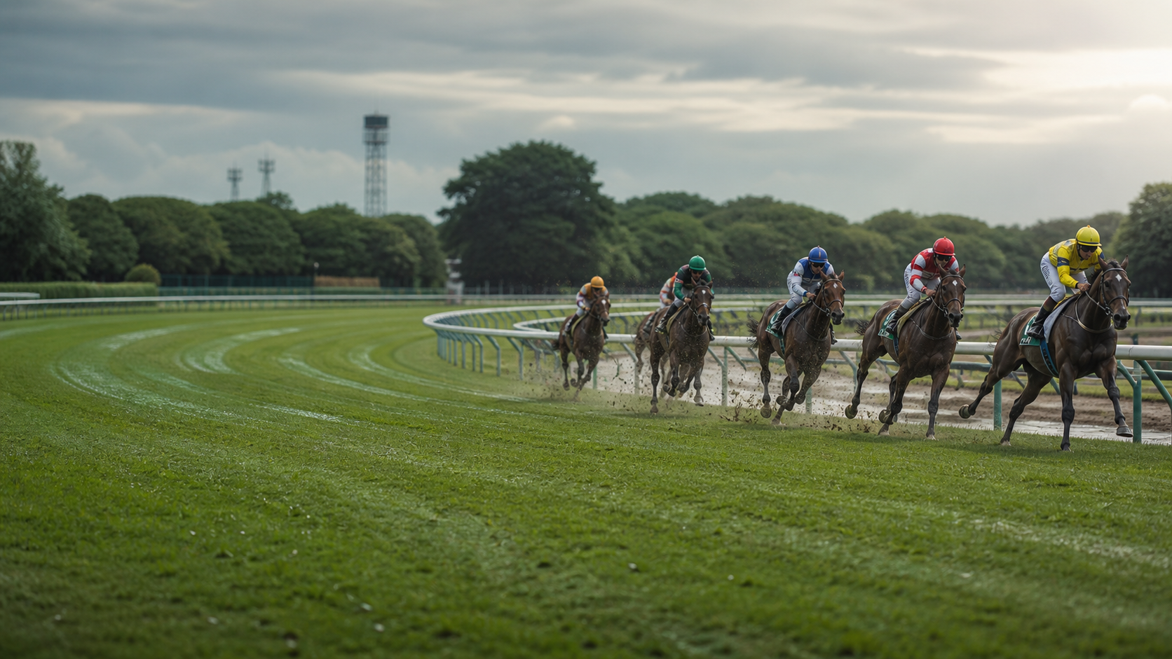 雨上がりの芝コースを走る競走馬
